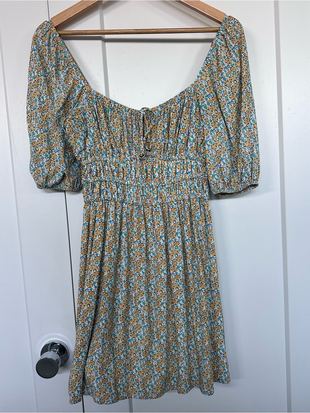 Faithfull the Brand Floral Puff-Sleeve Smock Dress in Mustard and Blue